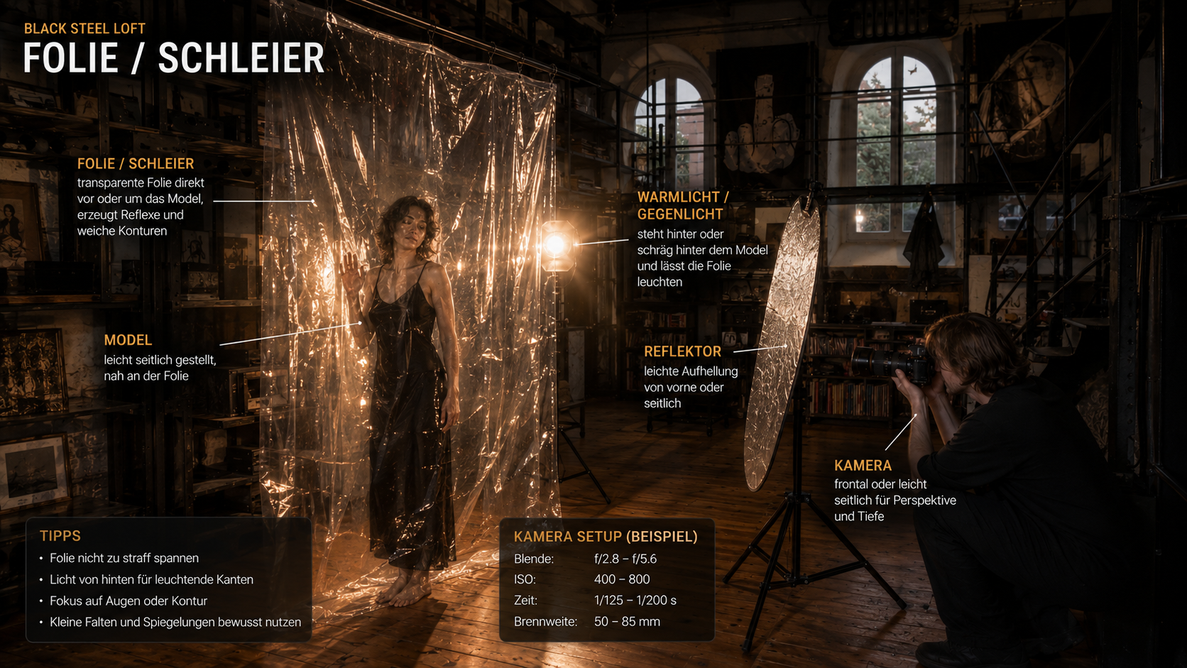 Erklärbild für Folie, Schleier, Reflektor, Kamera und Gegenlicht