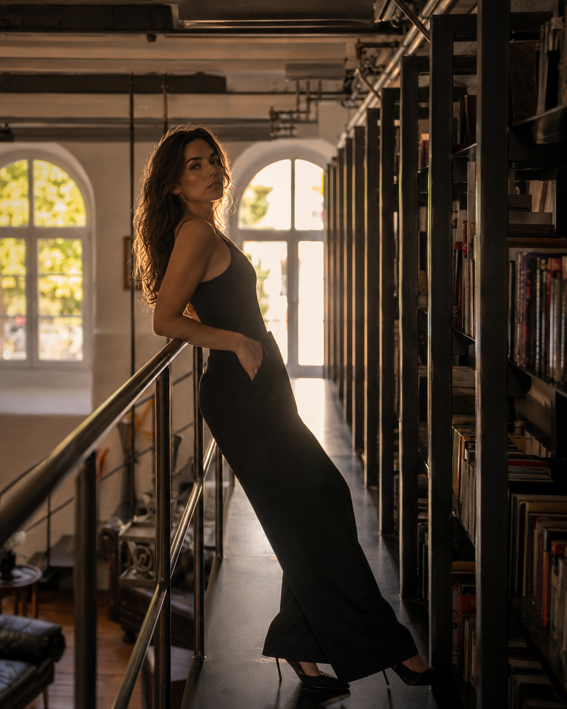 Model auf Galerie zwischen Stahlregal und Gegenlicht