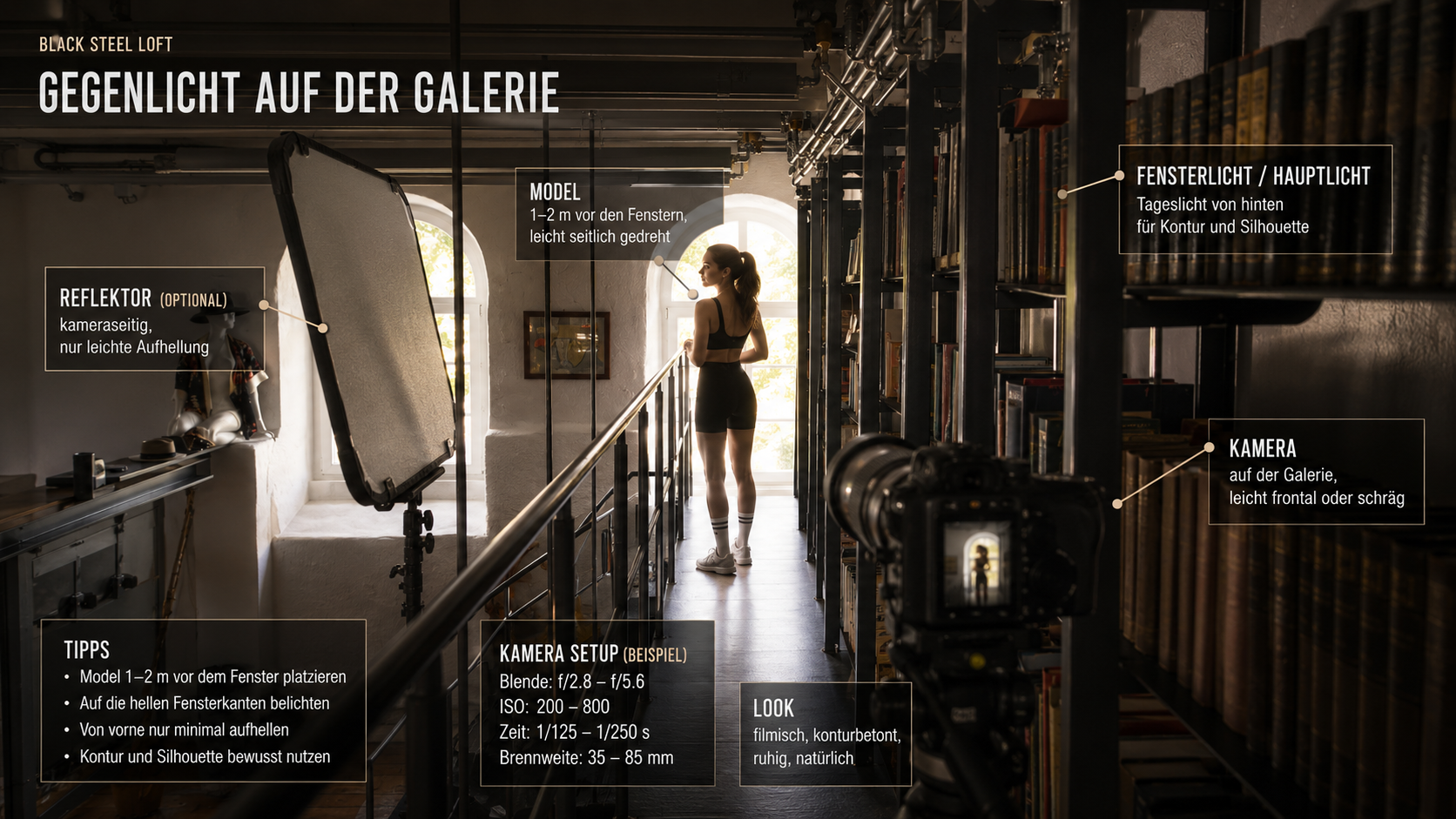 Aufbau für Gegenlicht auf der Galerie mit Kamera, Reflektor, Model und Fensterlicht
