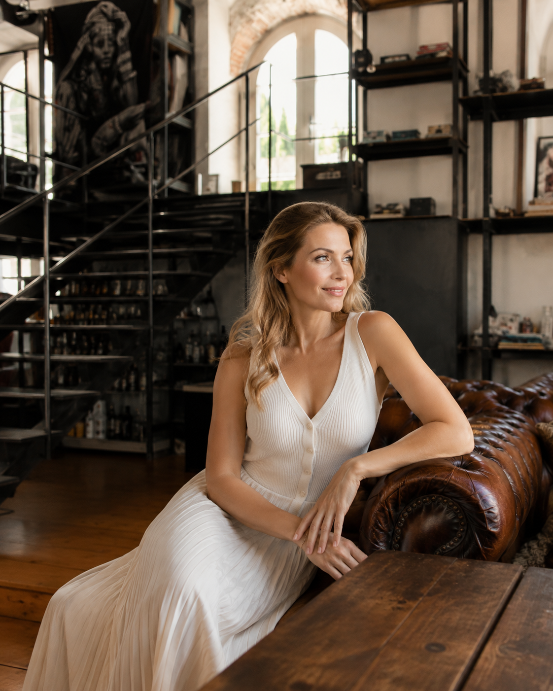High-Key Portrait mit hellem Outfit und Loft-Fenstern