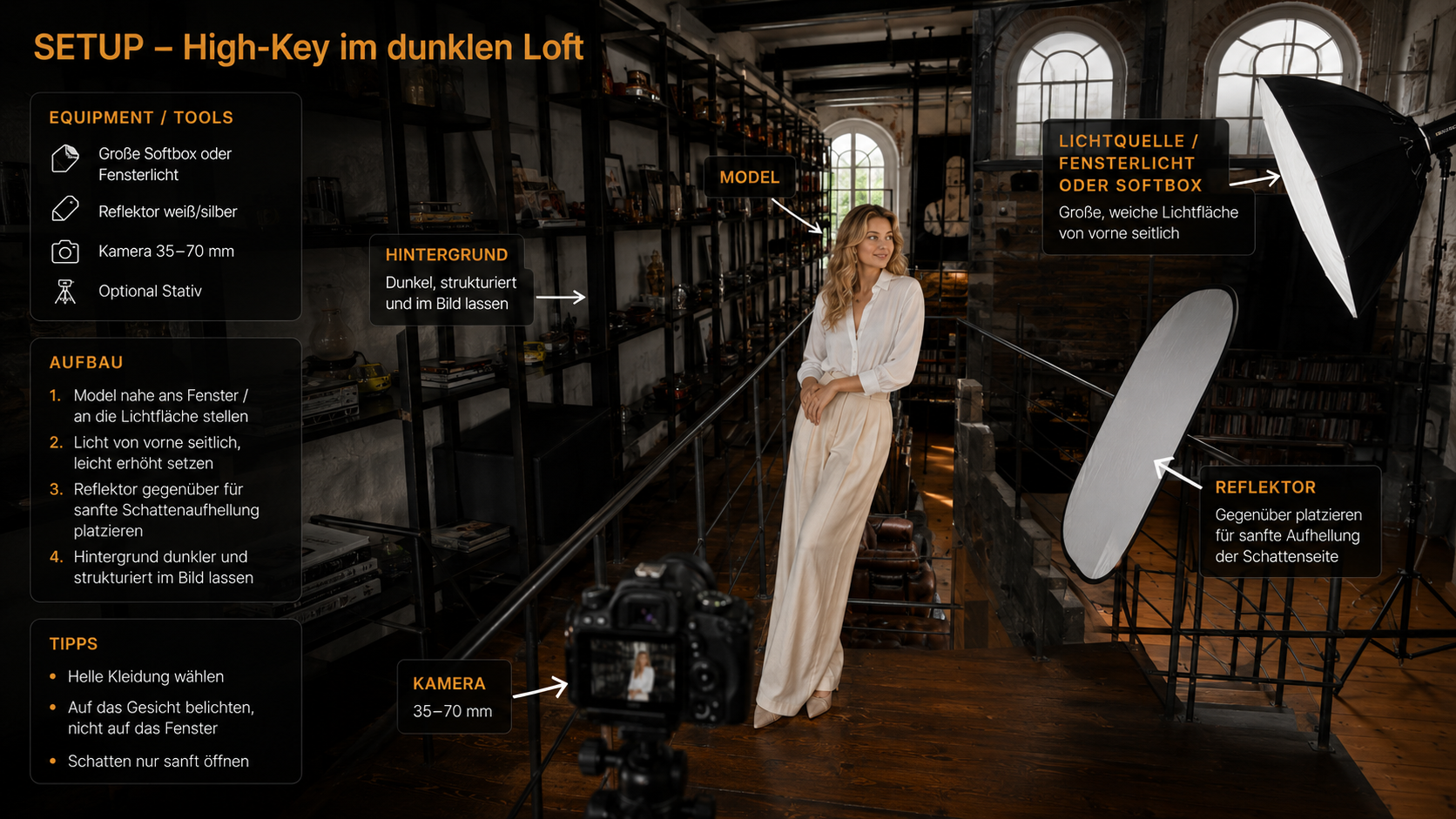 Setup für High-Key Fotografie im dunklen Loft mit Softbox, Reflektor, Kamera und hellem Outfit