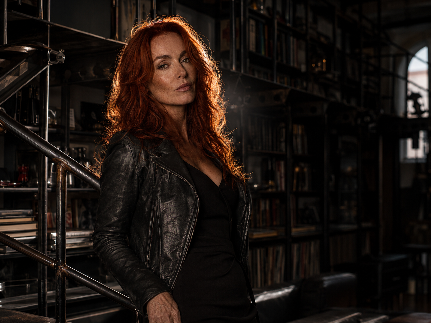 Rothaariges Model mit Lederjacke und Kantenlicht im Loft