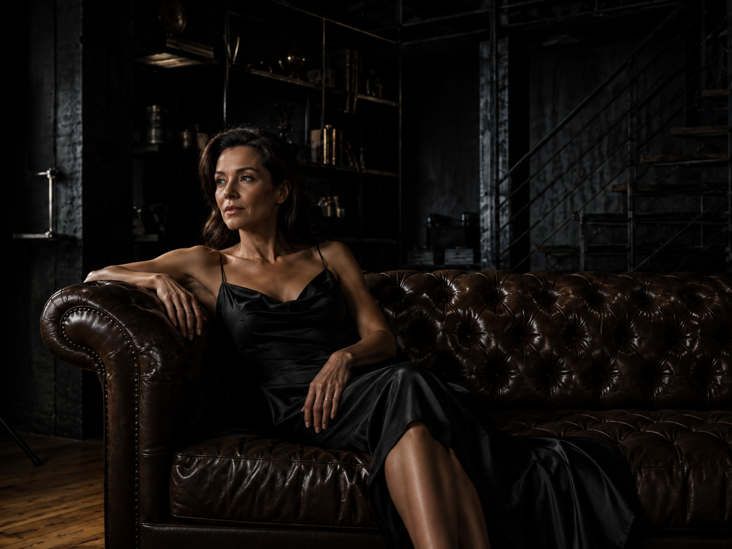 Low-Key Portrait auf Chesterfield-Sofa im Black Steel Loft
