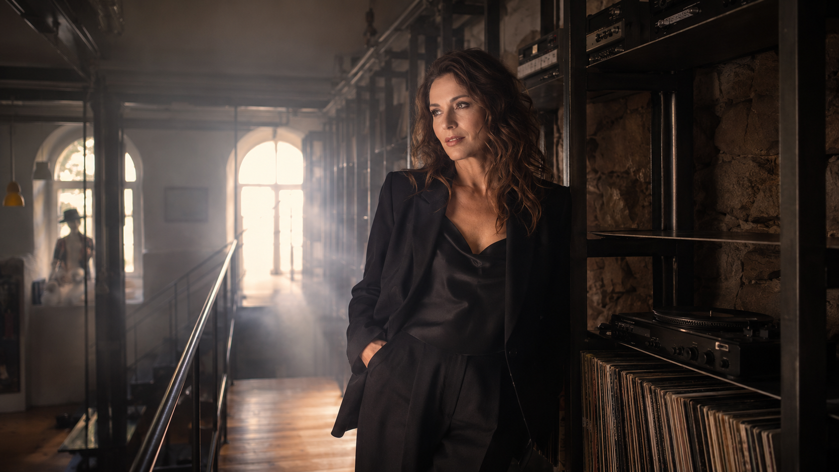 Model am Regal mit Nebel, Backlight und dunklem Loft-Hintergrund