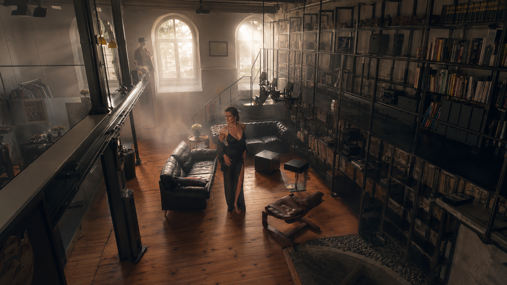 Model unten im Loft mit weichem Nebel und Gegenlicht