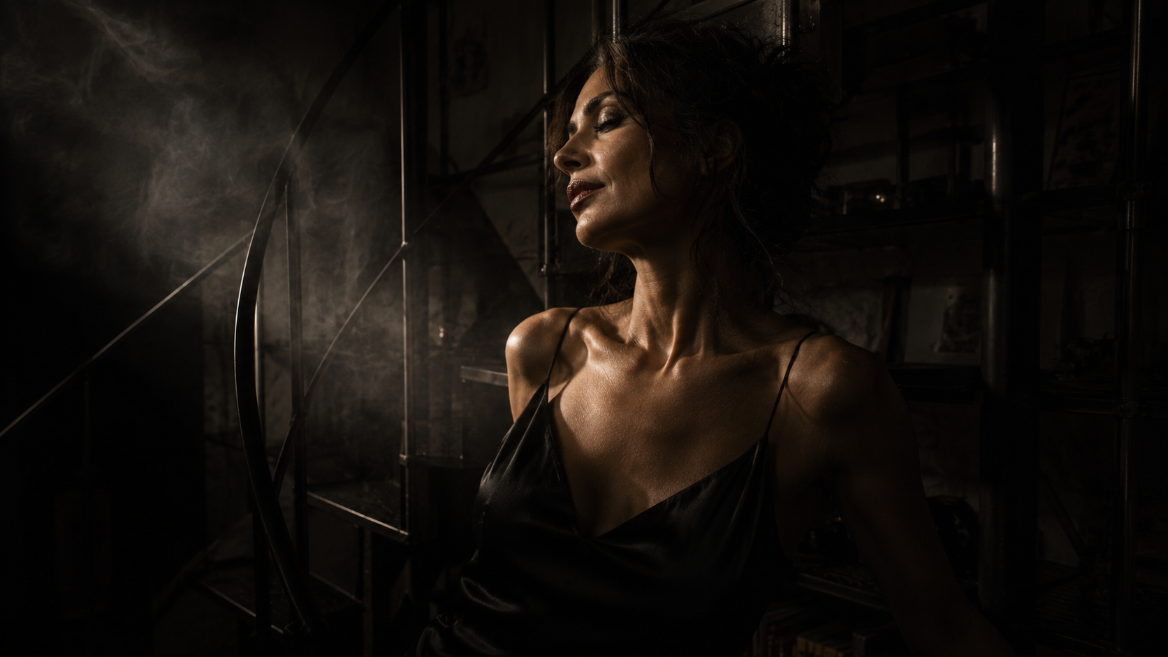 Low-Key Portrait mit Rauch und glänzenden Konturen