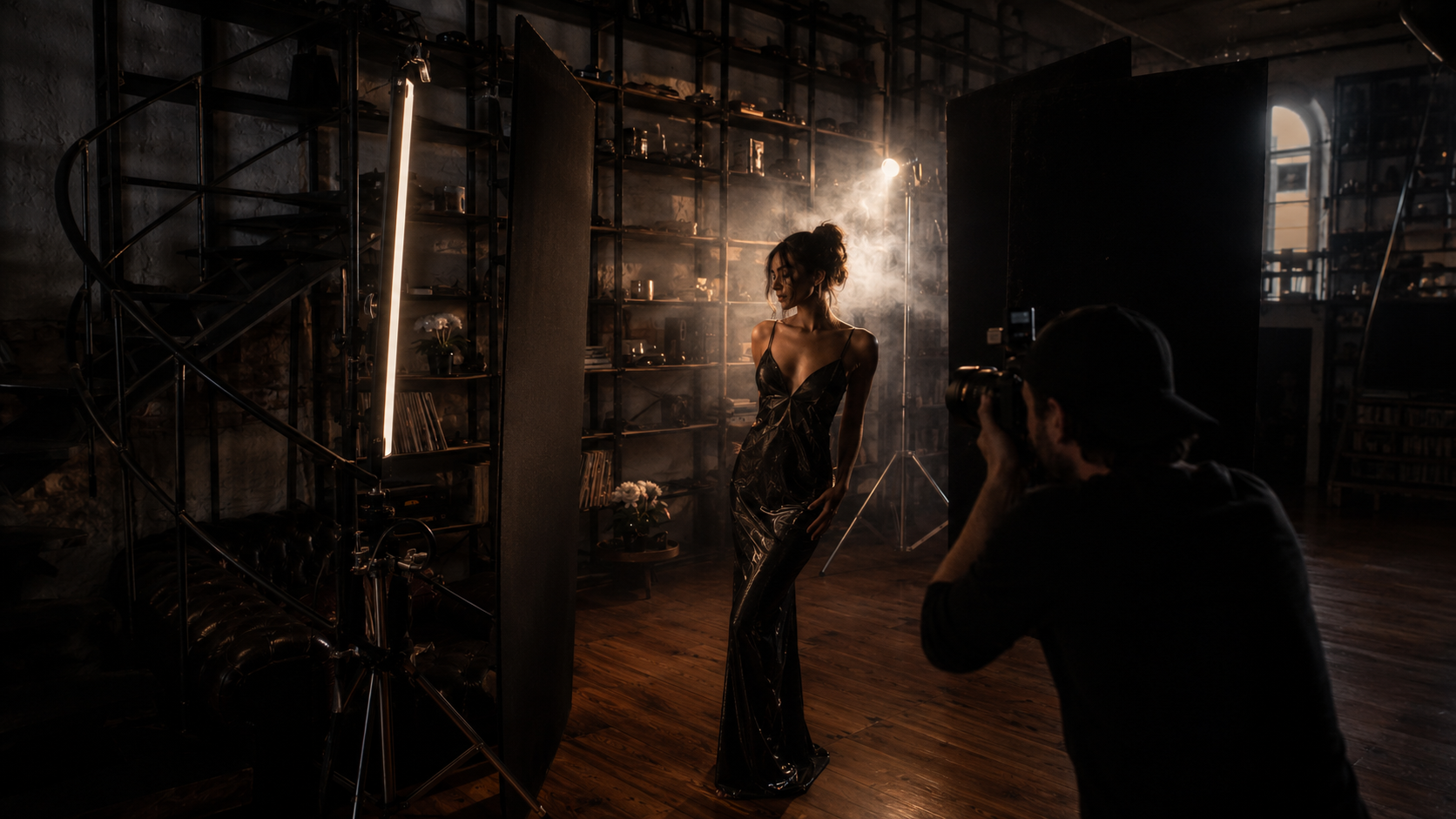 Low-Key Wirkung mit Model, Rauch und dunklem Loft