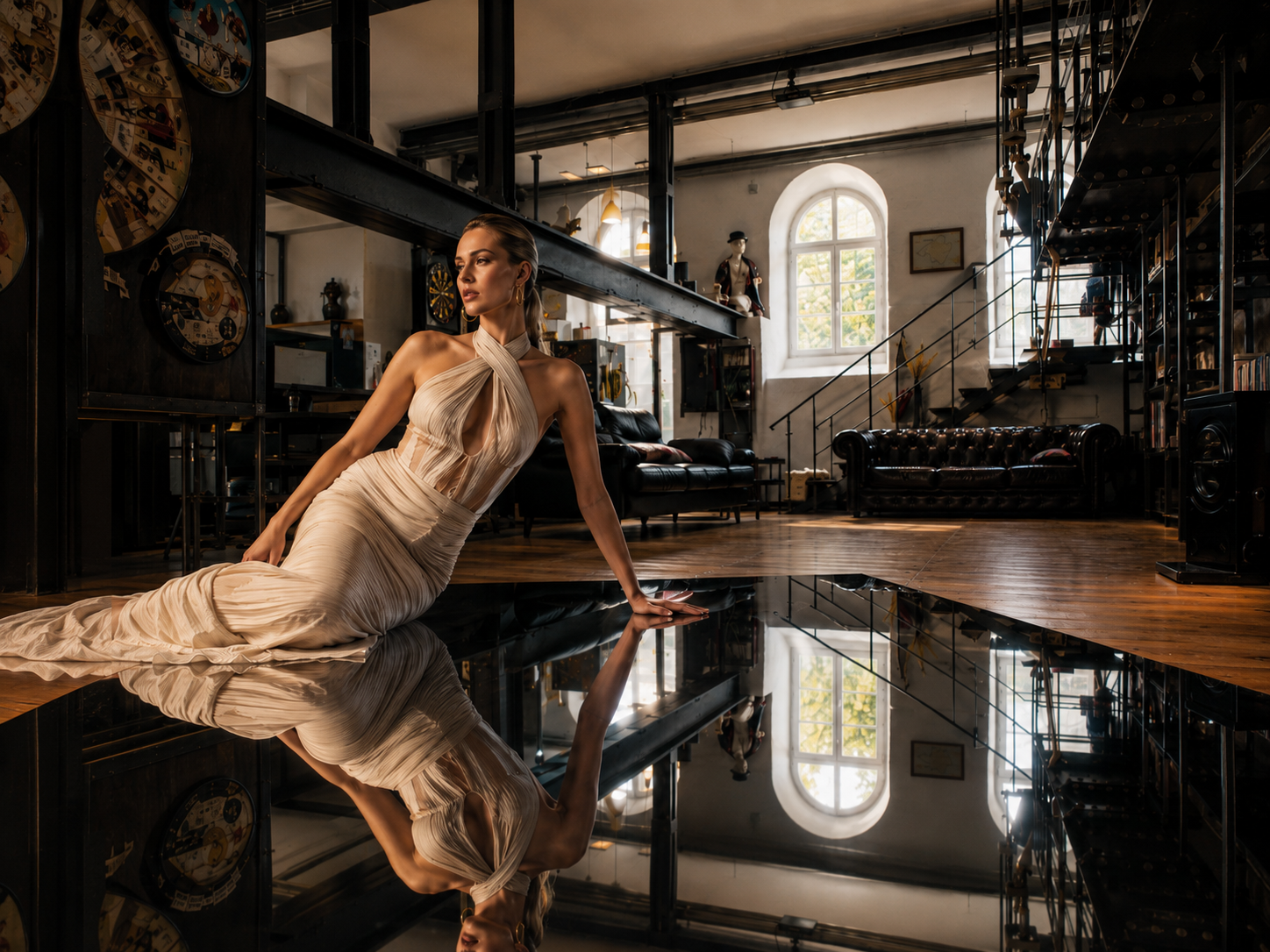 Sitzende Pose mit klarer Spiegelung im Black Steel Loft