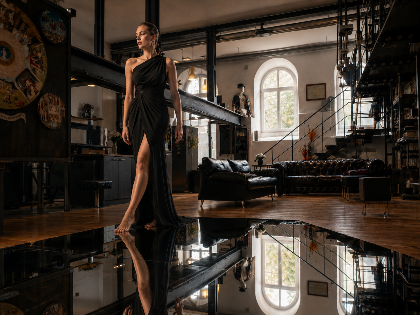 Stehendes Model mit Spiegelung auf schwarzer Platte