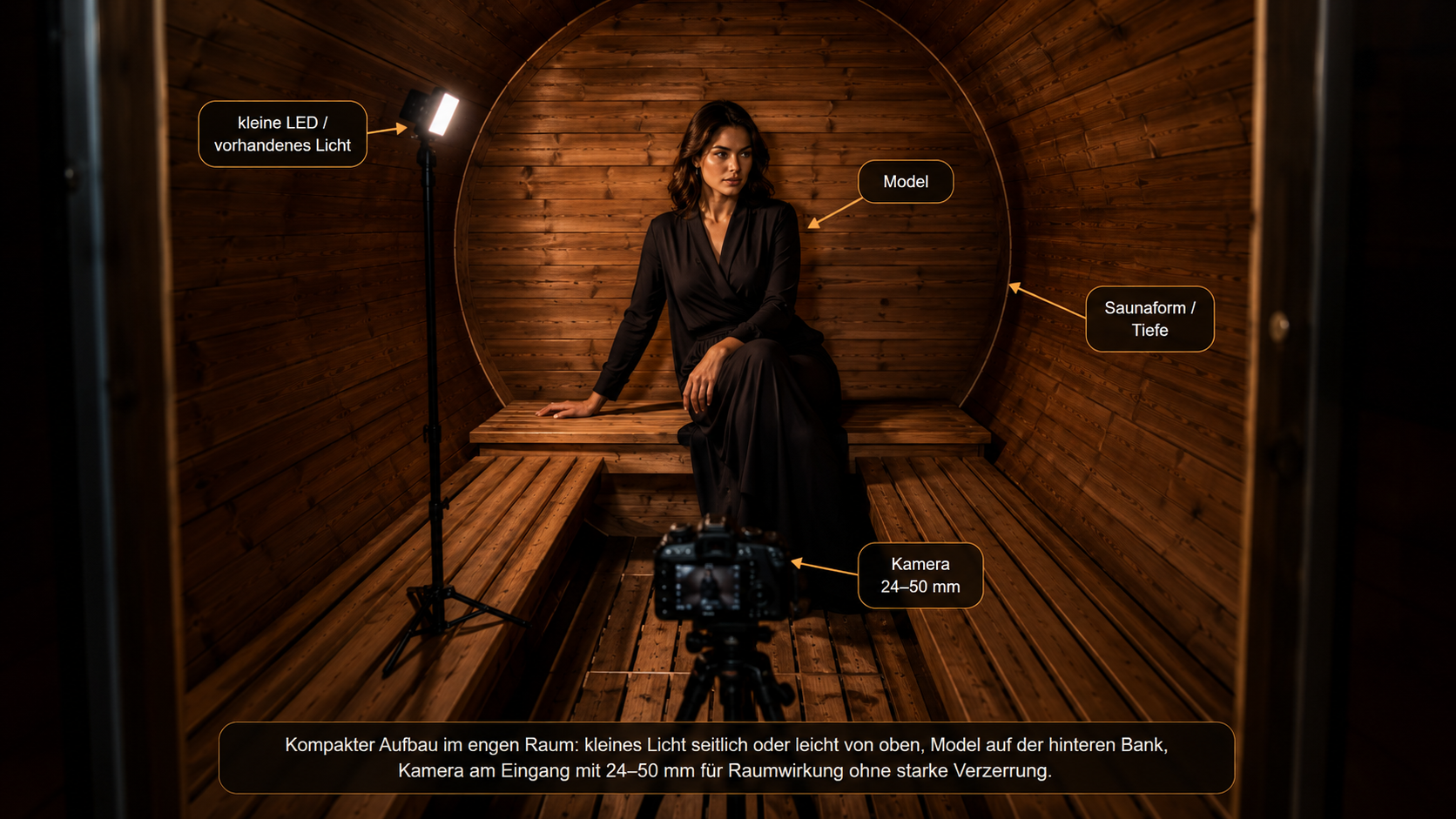 Realistischer Aufbau für ein Shooting auf engem Raum in der Sauna des Black Steel Loft